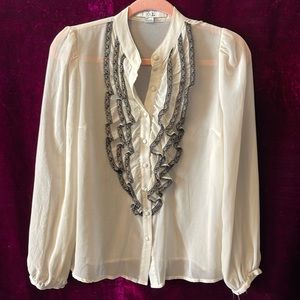 Forever 21 Sheer Cream Shirt with Black Ruffle Accents